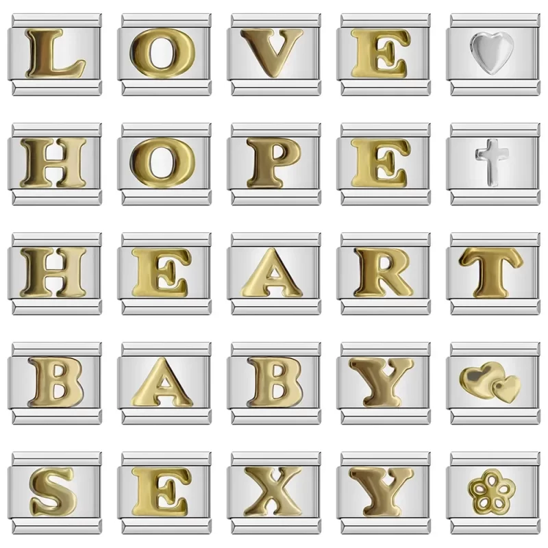 26 Gold Letters Italian Charm Links Fit 9mm