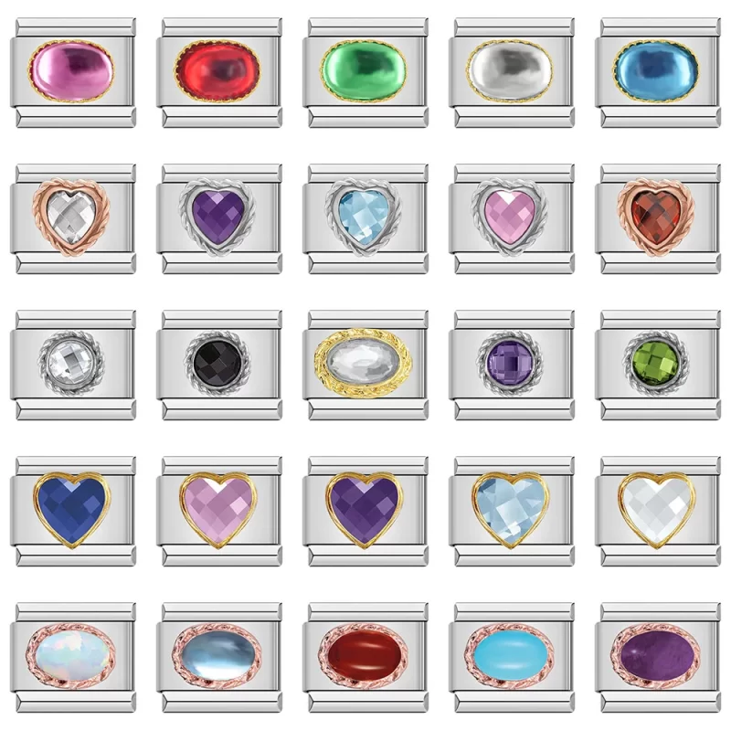 Heart Ellipse Color CZ Italian Charm Links Fit 9mm
