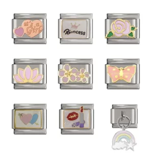 Flower Princess Rainbow Heart Italian Charm Links Fit 9mm